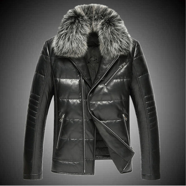 Sheep leather motorcycle real leather men down jacket fox fur collar short Slim plus size leather jacket male warm parkas MZ1150