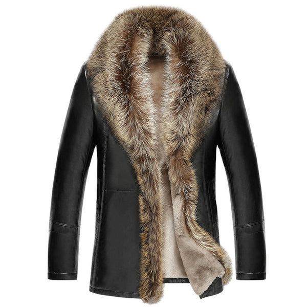 Men's Leather Jacket Lambs Wool Genuine Leather Jacket Male Thick Raccoon Fur Collar Jaqueta Couro Masculino Plus Size  MZ1105