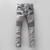 High quality slim fit mens skinny biker jeans black blue white pleated moto denim men  pants