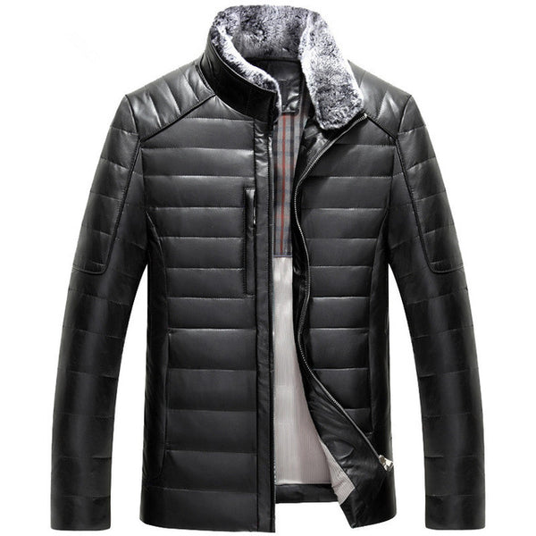 New real sheep leather men short style Slim stand collar leather down jacket male tide fashion outerwear solid color coat MZ1151