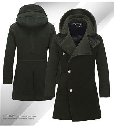 2017 New Winter Thicken Warm Wool Men's Coat With Hoodes Long Designer Office Business Jacket Army Green Khaki, Blue 8801