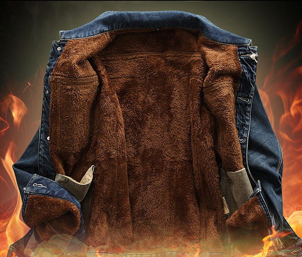 Men Fashion Warm Autumn Winter Jeans Jacket Single Breasted Outerwear Slim Solid Turn down Collar Fleece Thick Coat Hot Clothes