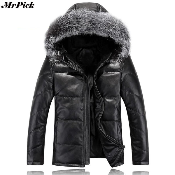 2017 New Fur Hood Men Leather Coats Winter Snow Warm -20 Degree Black Color Jackets E0708-003