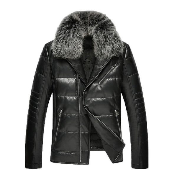 Fur Collar Men PU Leather Coats Warm Snow Winter Motorcycle Slim Zipper Men Jacket E0710-003
