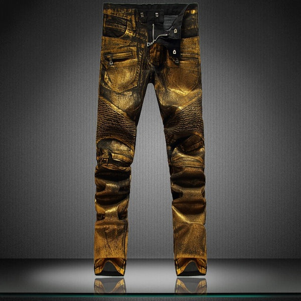 2016 high-end European and American Locomotive stunning golden coat Slim knee folds jeans