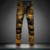 2016 high-end European and American Locomotive stunning golden coat Slim knee folds jeans